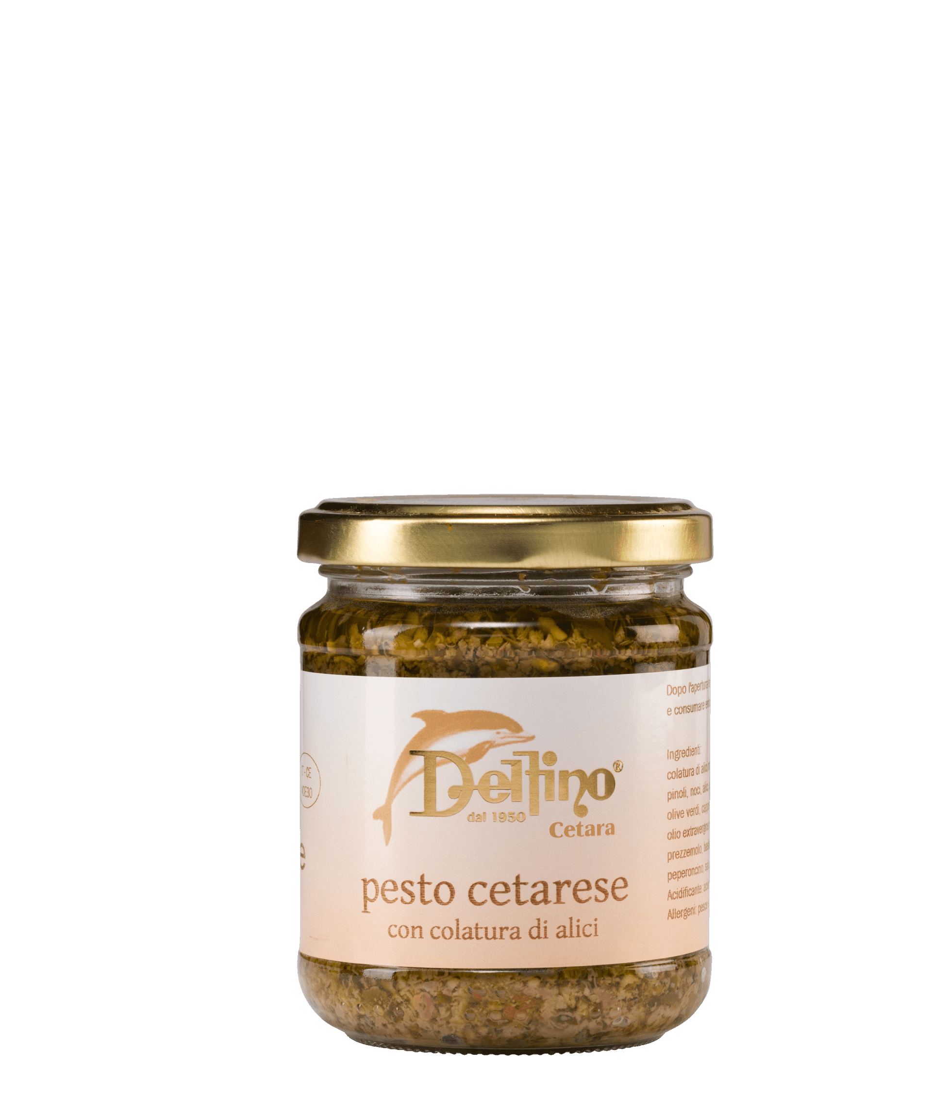 Un barattolo di pesto delfino cetarese su fondo bianco