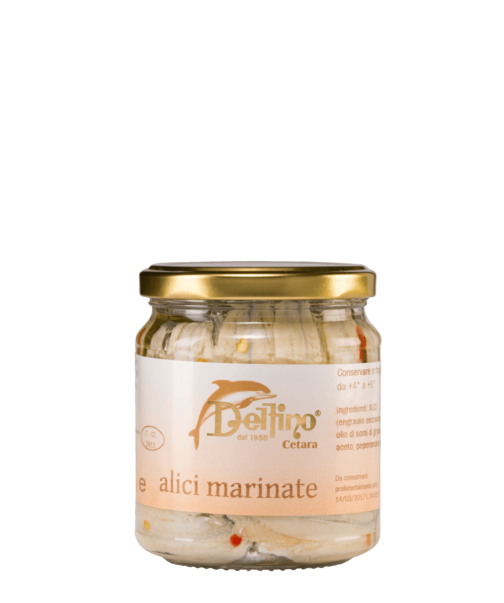 Un barattolo di alici delfino marinate su uno sfondo bianco.