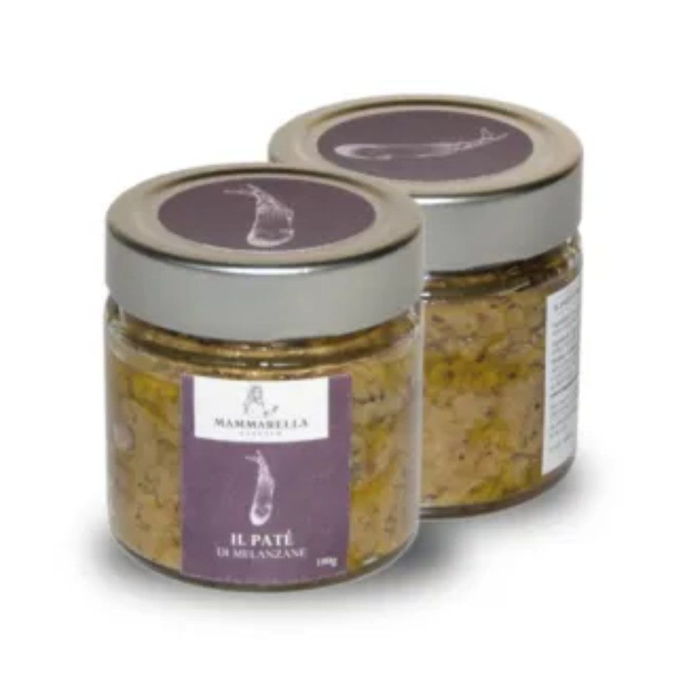 Due barattoli di cibo con un'etichetta viola che dice il paté