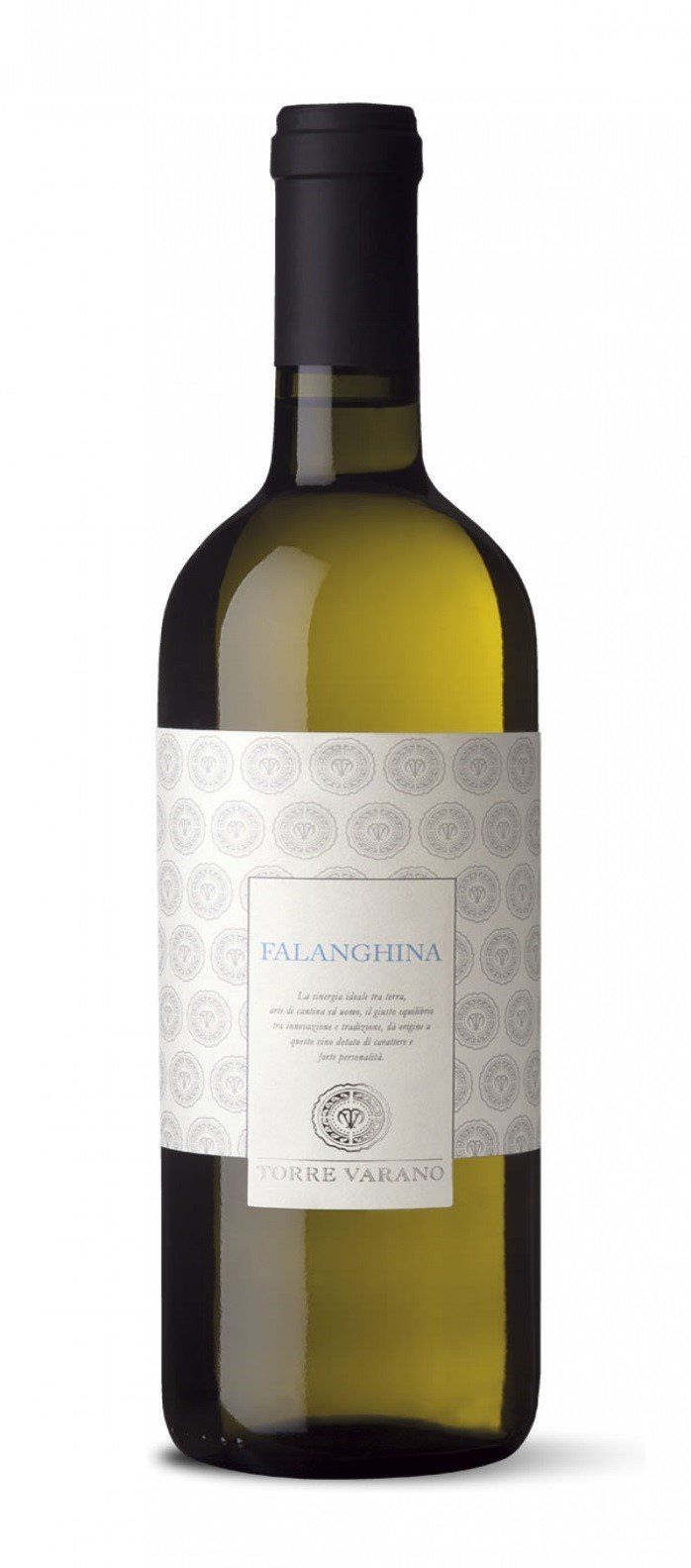 Una bottiglia di vino bianco con un'etichetta bianca su uno sfondo bianco.