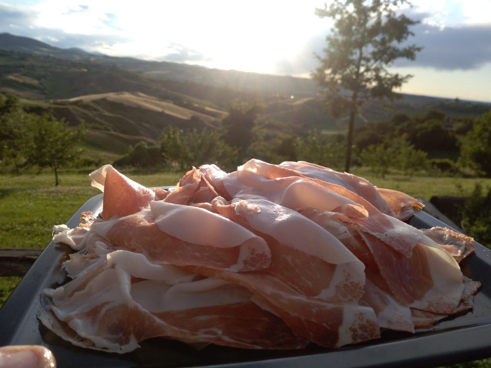 Un piatto di carne con una montagna sullo sfondo