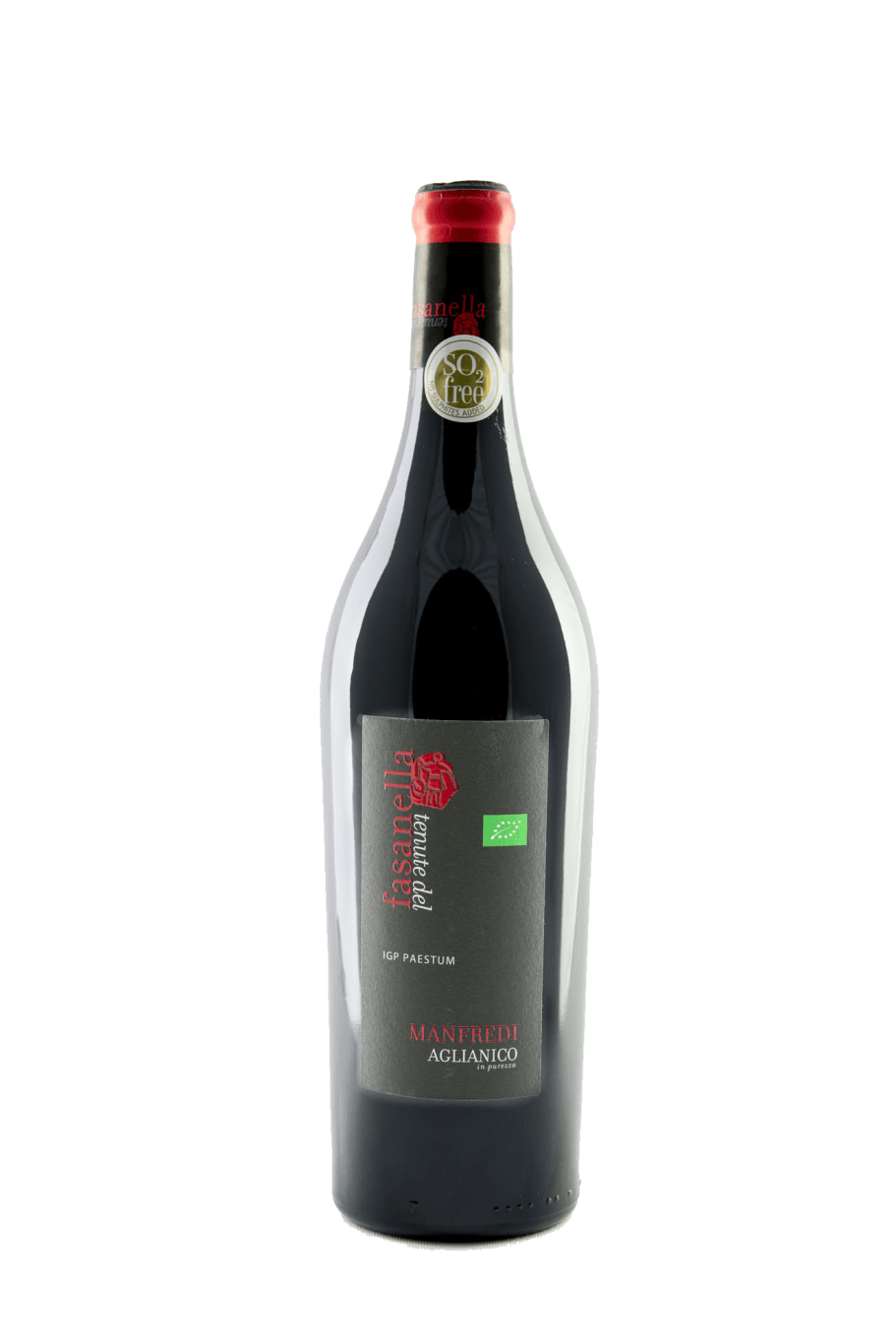 Una bottiglia di vino rosso con etichetta nera