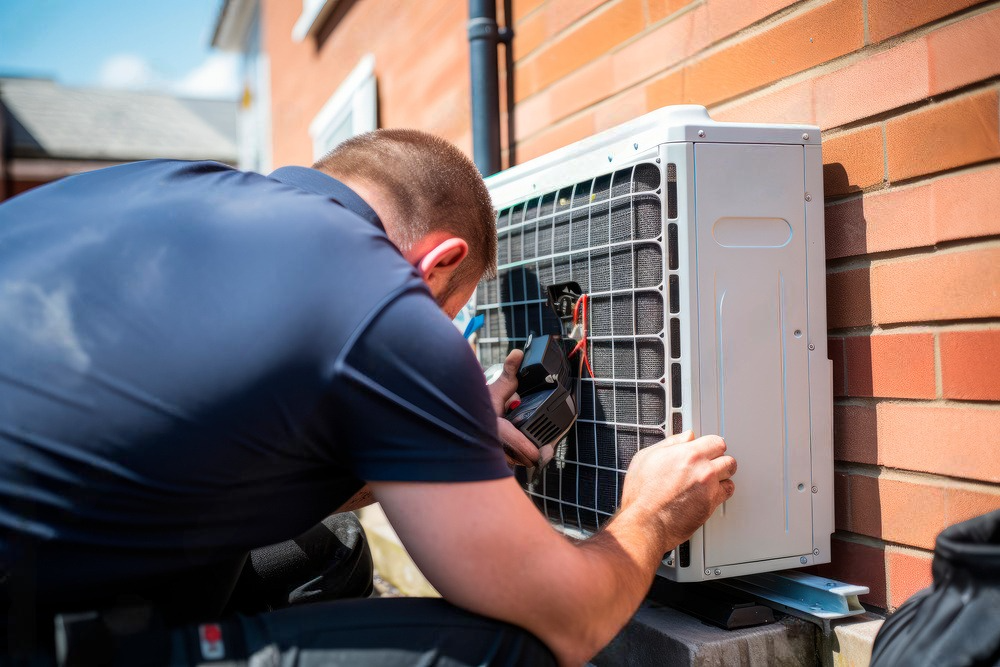 a man is working on an air conditioner outside of a brick building .