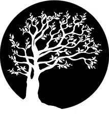 A black and white silhouette of a tree with leaves in a circle. logo for Callisto Tea House