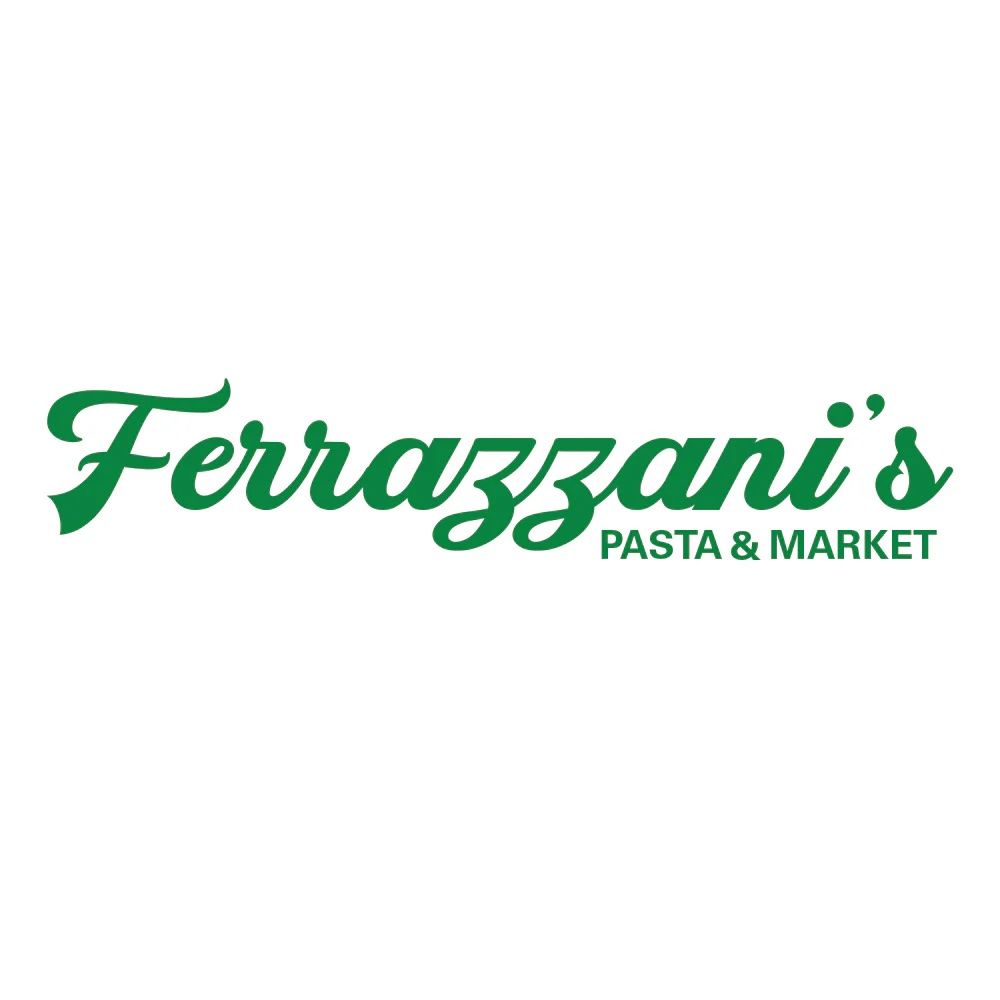 The logo for ferrazzi 's pasta and market is green and white.