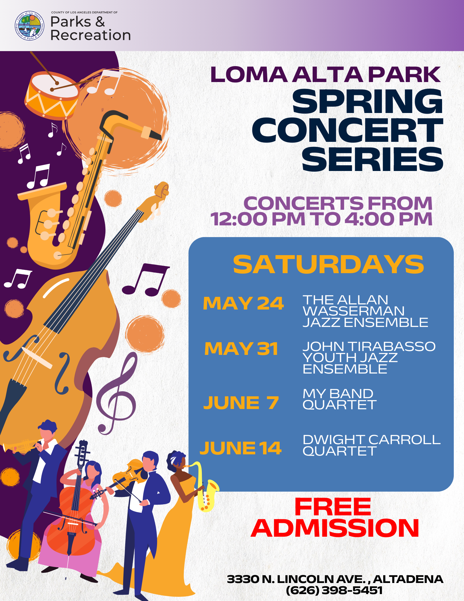 A poster for a spring concert series at loma alta park