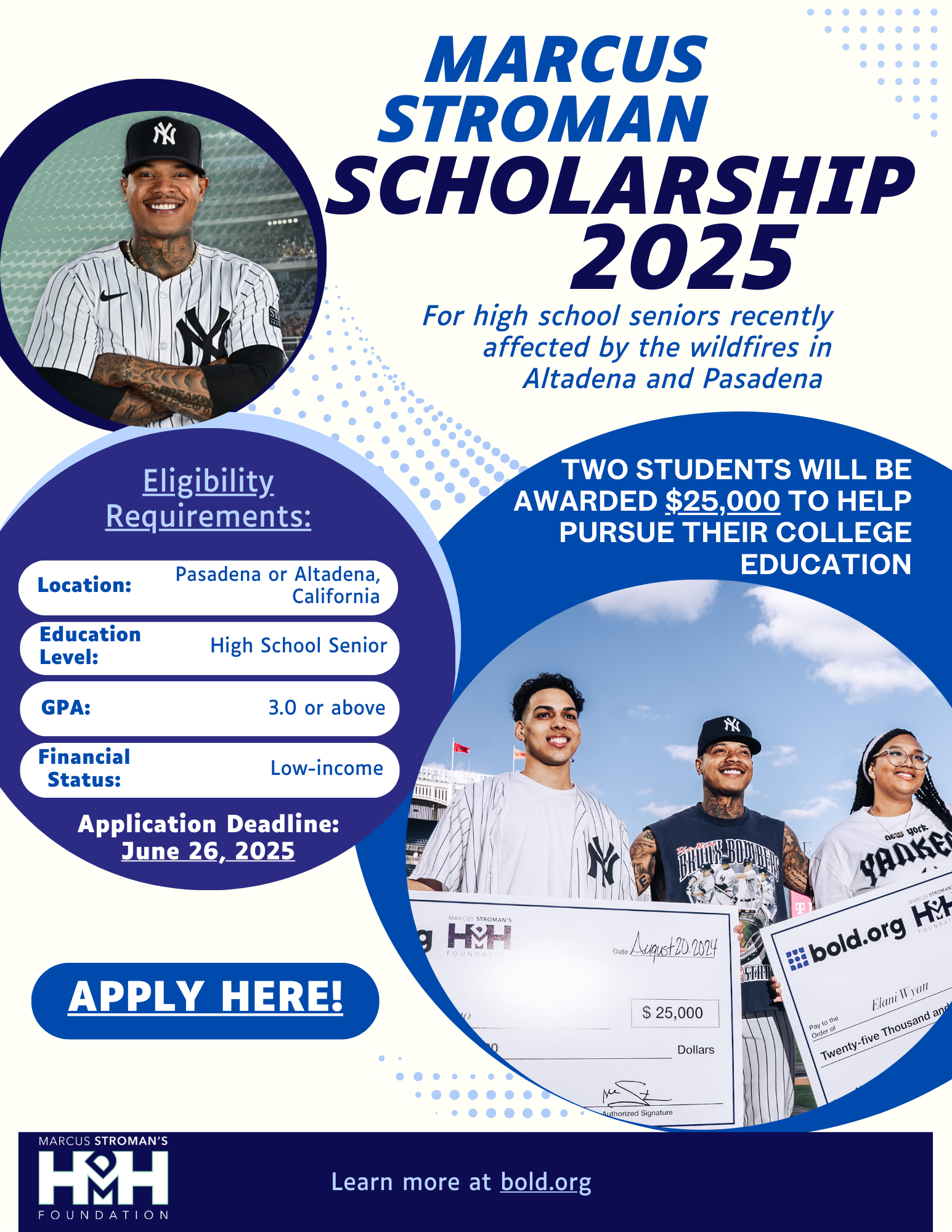 A poster for marcus stroman scholarship 2025 for high school seniors.
