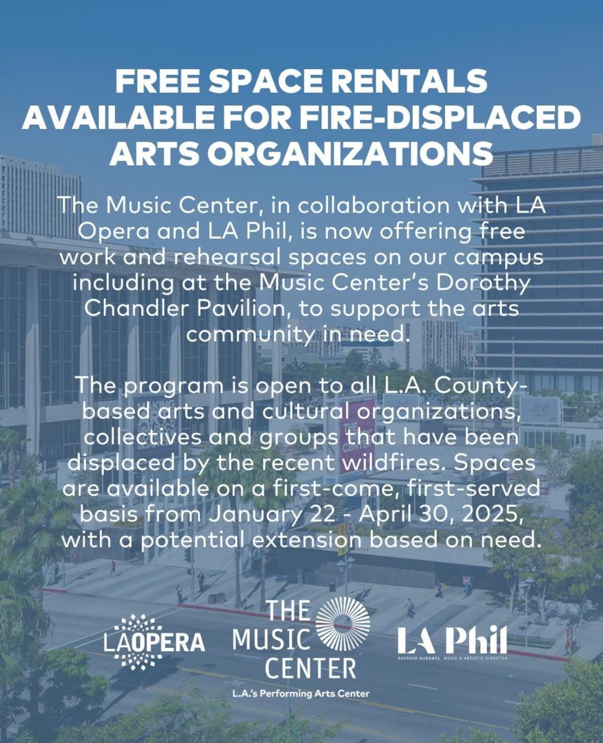 A poster that says free space rentals available for fire-displaced arts organizations