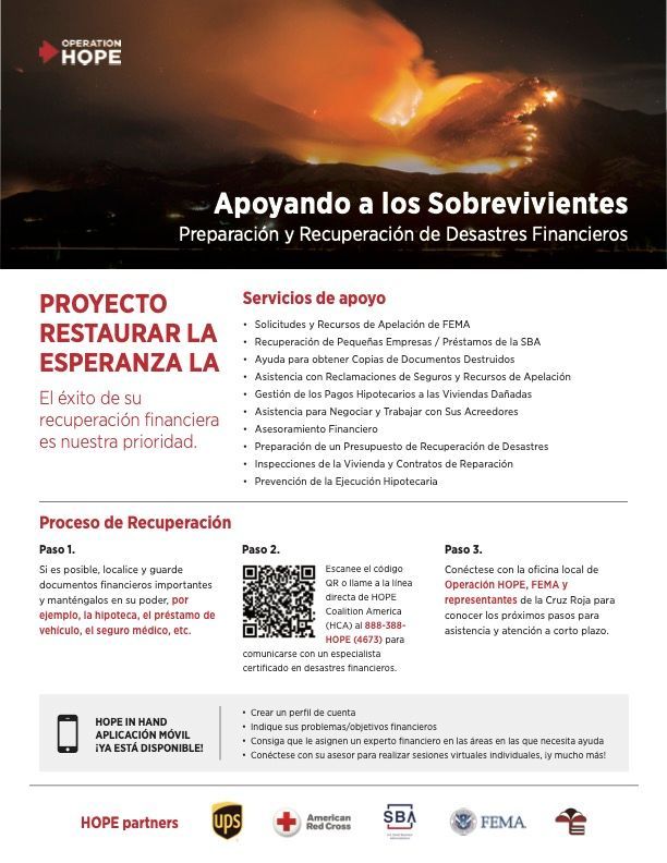 A flyer in spanish with a picture of a fire on it.