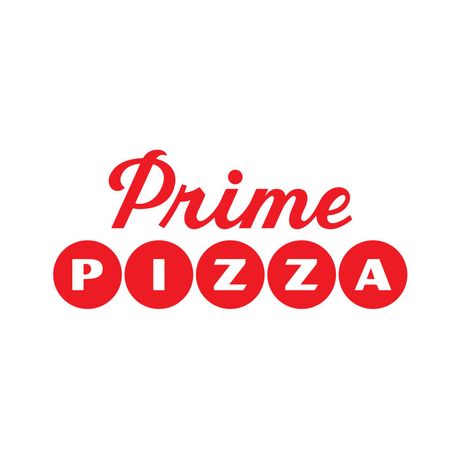 The logo for prime pizza is red and white on a white background.