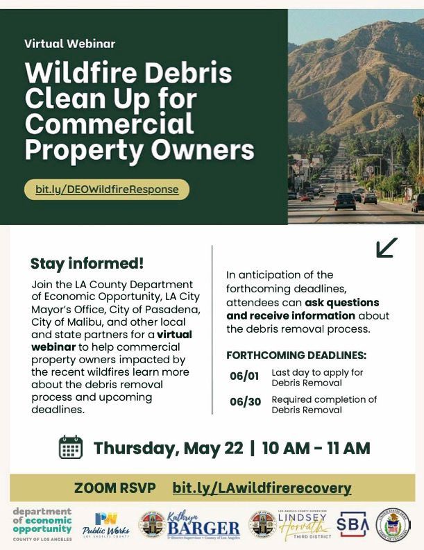 A flyer for a virtual webinar on wildfire debris clean up for commercial property owners