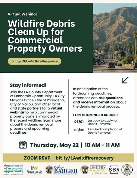 A flyer for a virtual webinar on wildfire debris clean up for commercial property owners