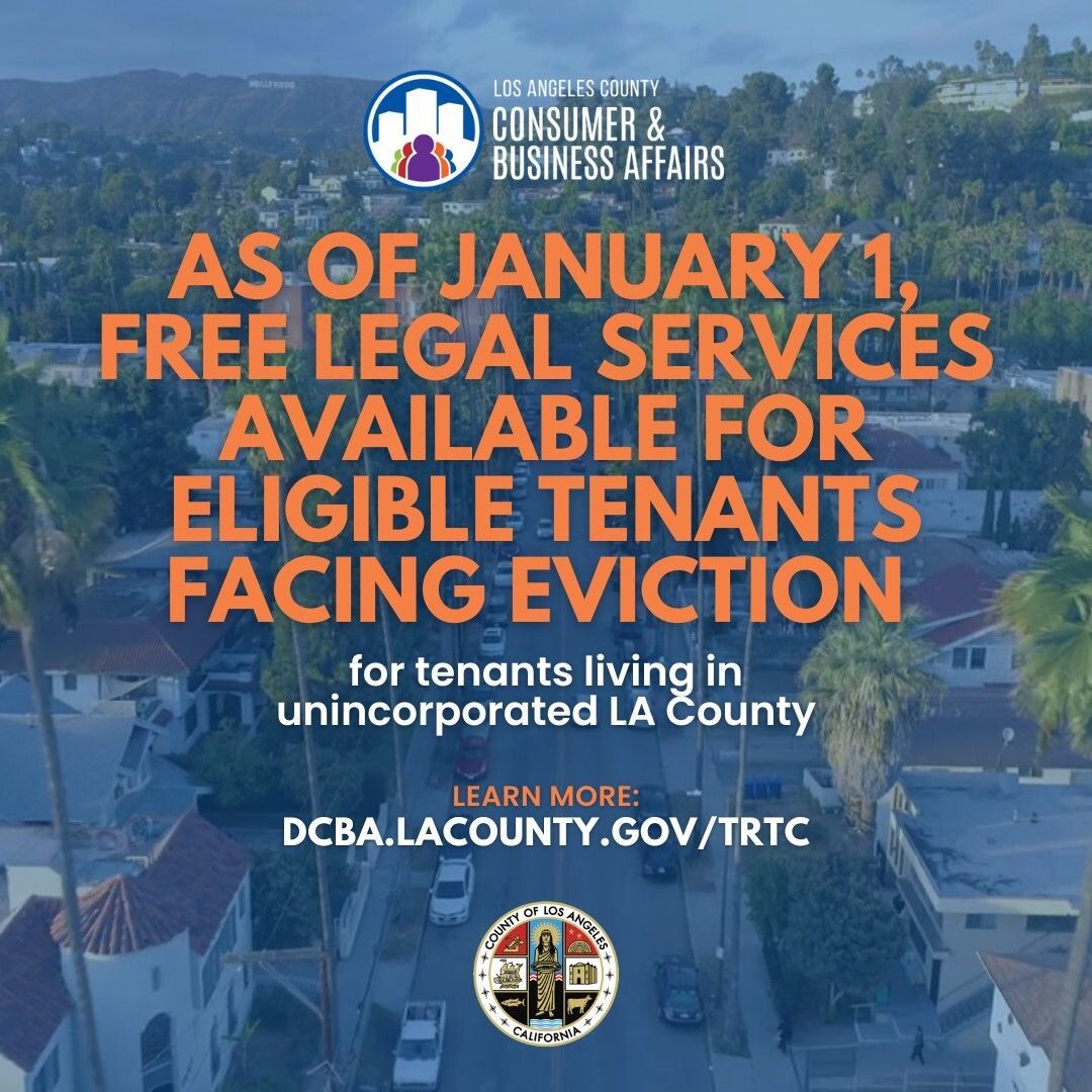 An advertisement for free legal services available for eligible tenants facing eviction