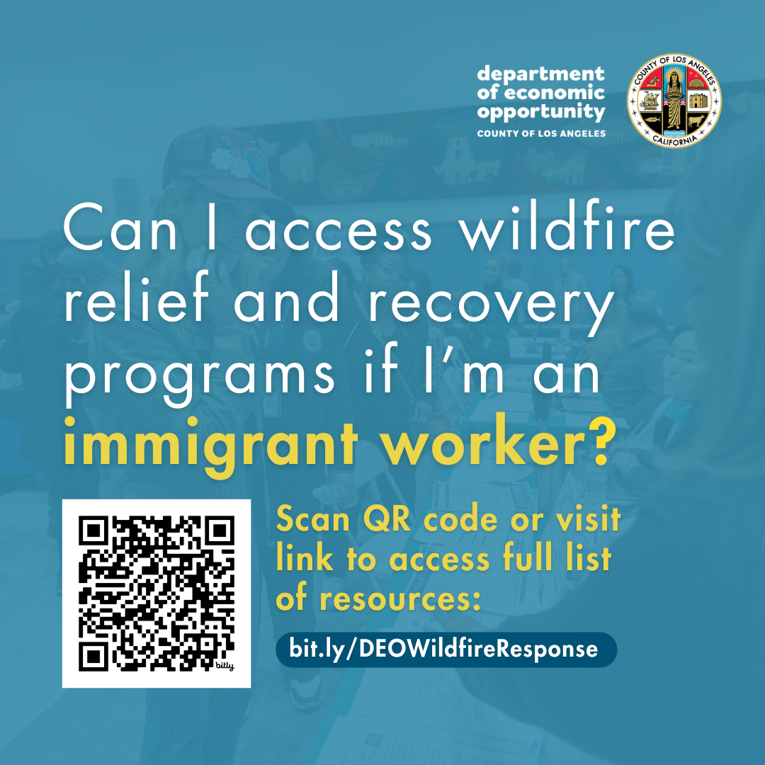 A blue sign that says can i access wildfire relief and recovery programs if i 'm an immigrant worker