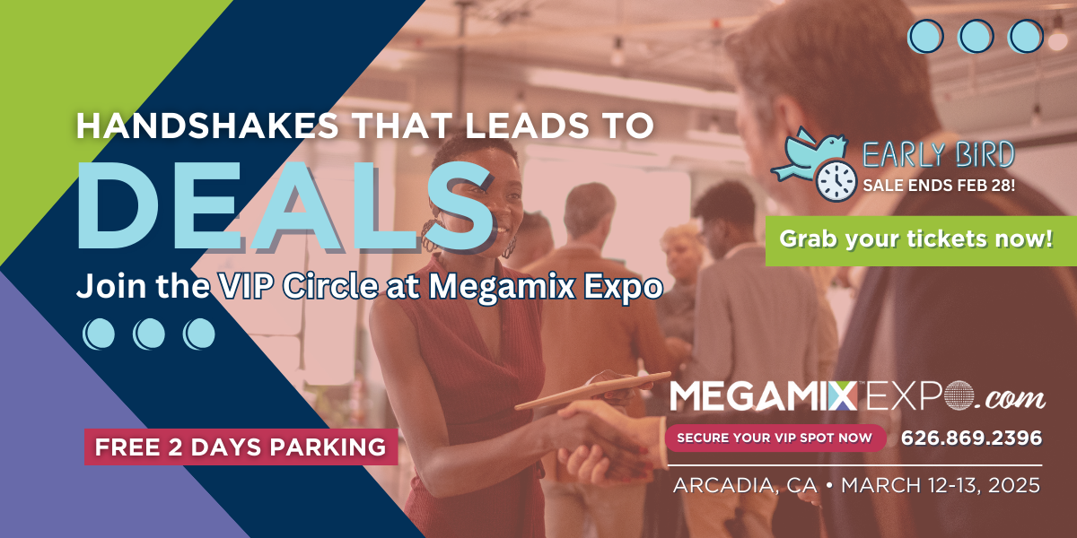 An advertisement for megamix expo shows a group of people shaking hands