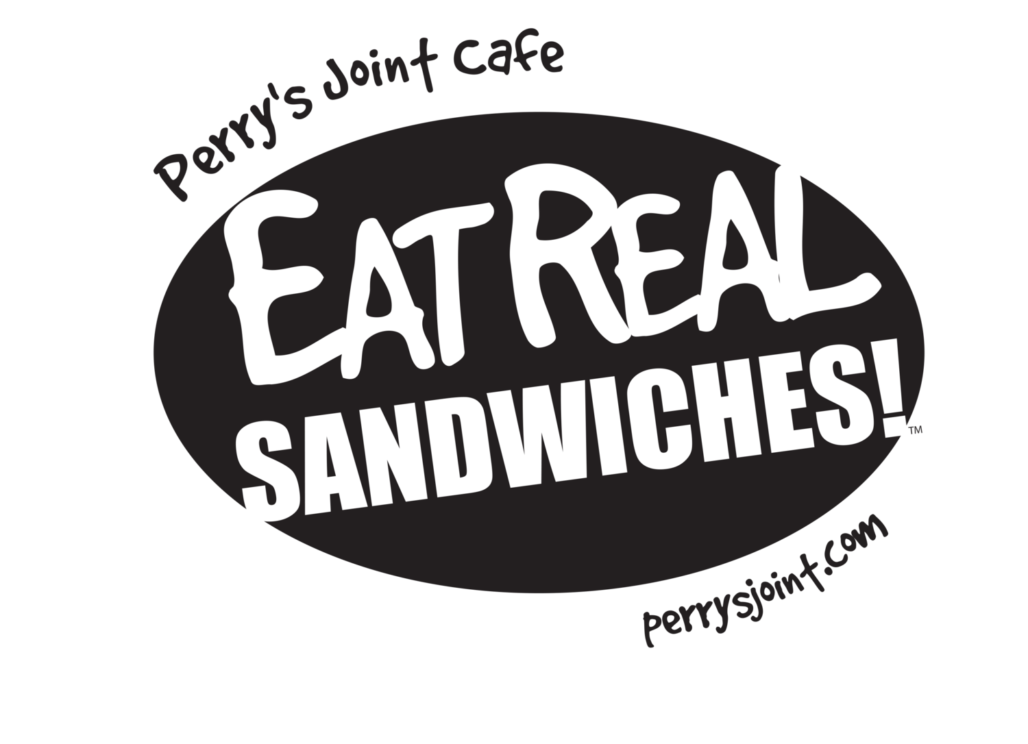 A logo for perry 's joint cafe that says eat real sandwiches