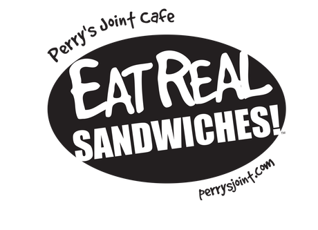 A logo for perry 's joint cafe that says eat real sandwiches