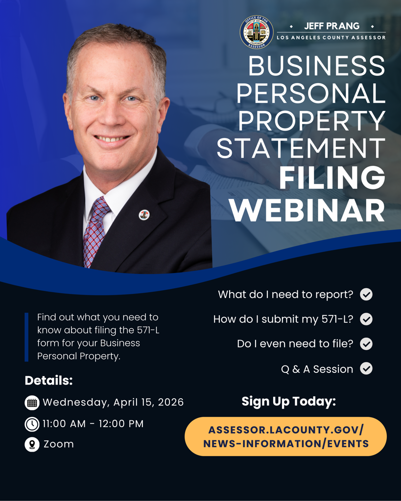 Webinar flyer for Business Personal Property Statement filing on April 15, 2026, featuring a headshot of Jeff Prang.