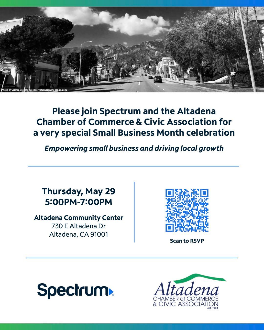 A flyer for spectrum and the altadena chamber of commerce & civic association for a very special small business month celebration.