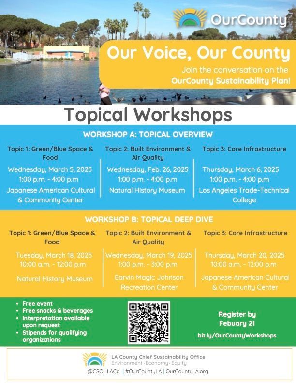 A poster for our voice our county topical workshops