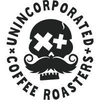 The logo for unincorporated coffee roasters has a skull with a cross on it and a mustache.