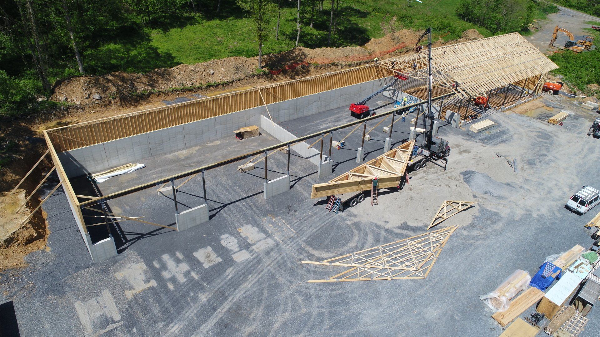 An aerial view of a building under construction.
