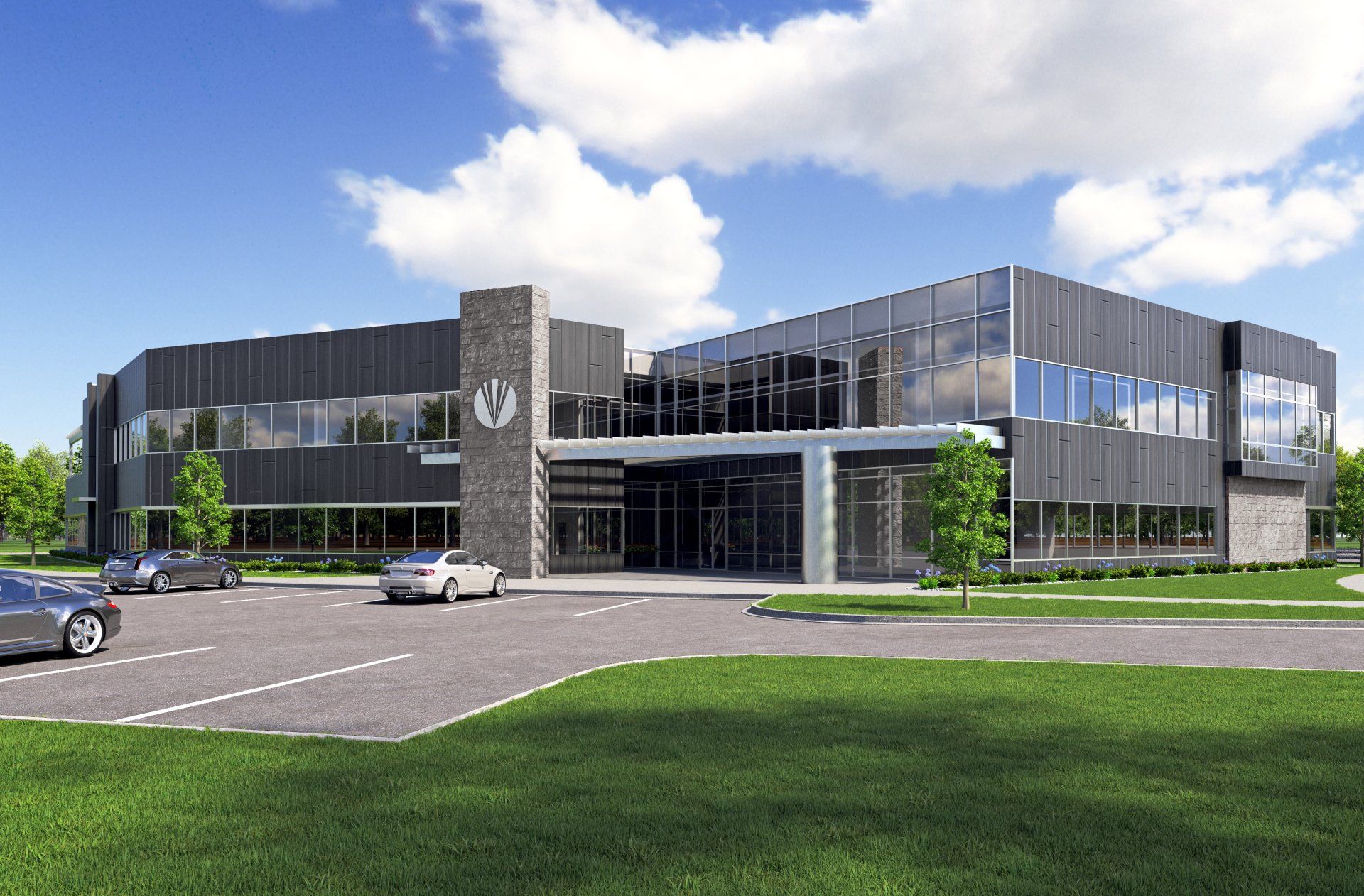 An artist 's impression of a large building with cars parked in front of it.