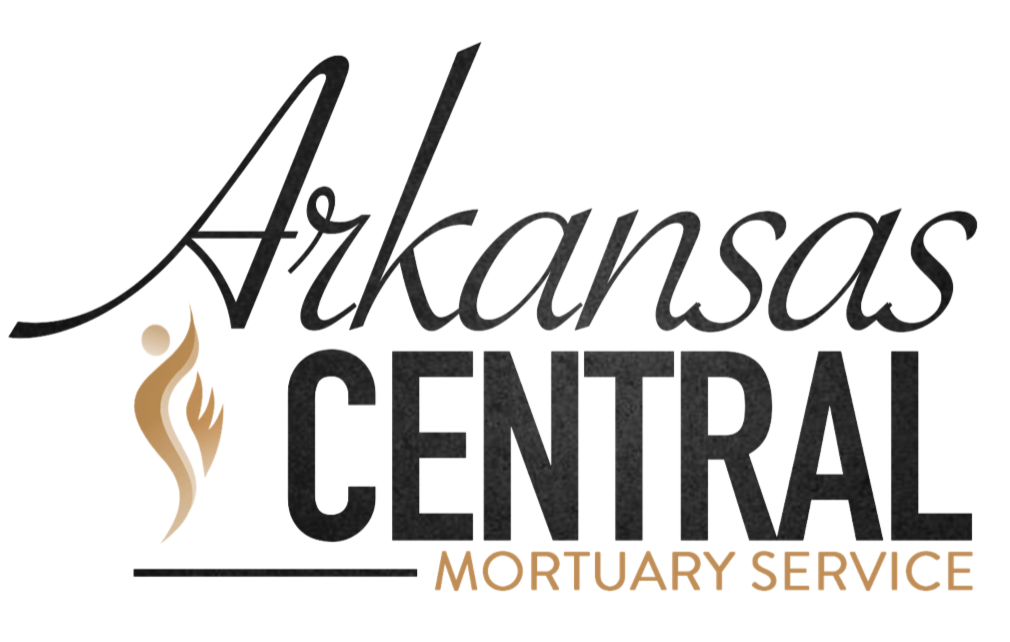 Logo for Arkansas Central Morturary Service in a tan and black color