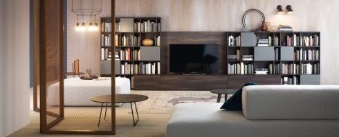 elegante salone con divano, televisione e libreria