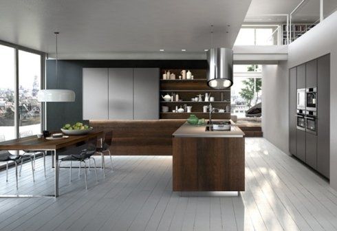 vista di una cucina con stile moderno con mobili in legno