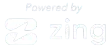 A white logo that says `` powered by zing '' on a white background.