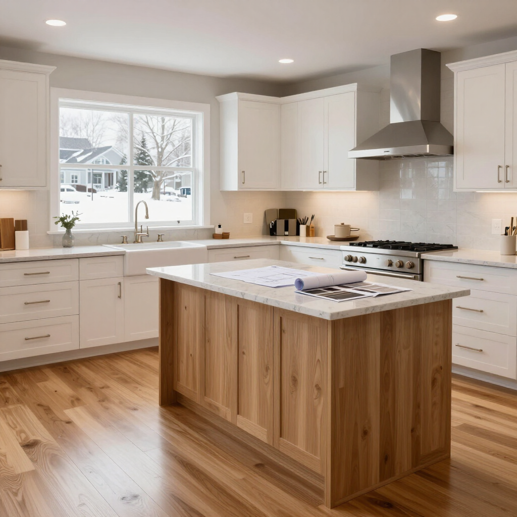 Bright white kitchen with wood island, stainless range hood, and sunlit window