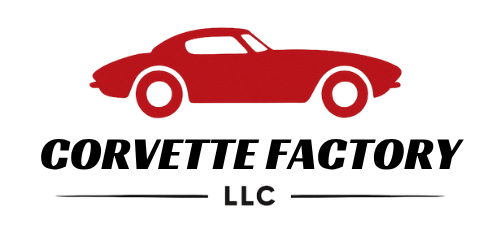 The corvette factory llc logo has a red car on it.
