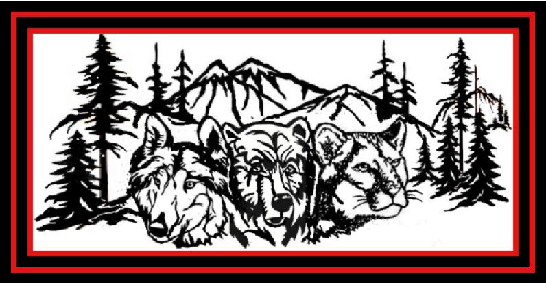 a black and white drawing of three wolves and a cougar with mountains in the background .