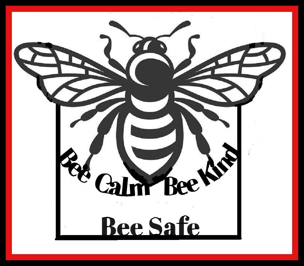 a black and white drawing of a bee with the words bee calm bee kind below it