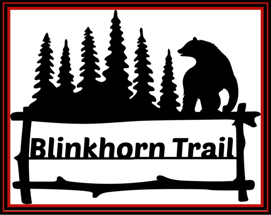 a black and white logo for blinkhorn trail with a bear and trees