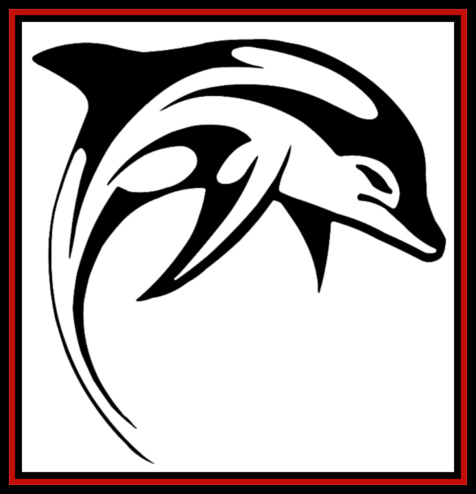 a black and white drawing of a dolphin in a red frame .