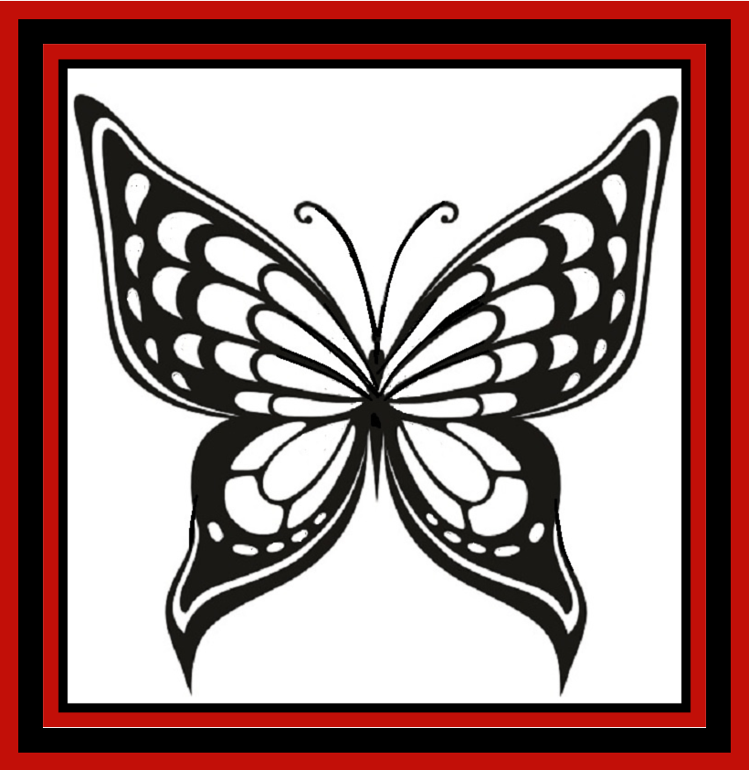 a black and white butterfly with a red frame around it