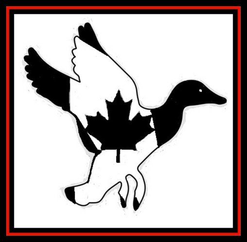 a black and white drawing of a duck with a maple leaf on its back .