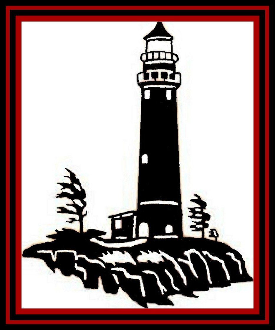 a black and white drawing of a lighthouse on top of a rocky hill