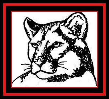 a black and white drawing of a cougar 's head with a red frame .