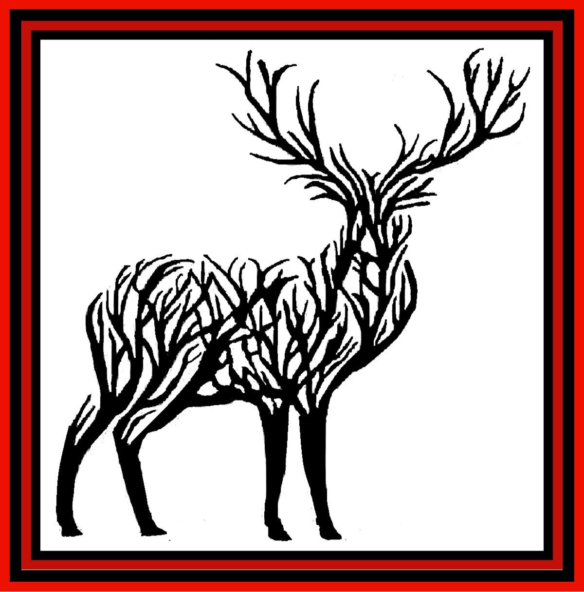 a black and white drawing of a deer made of trees