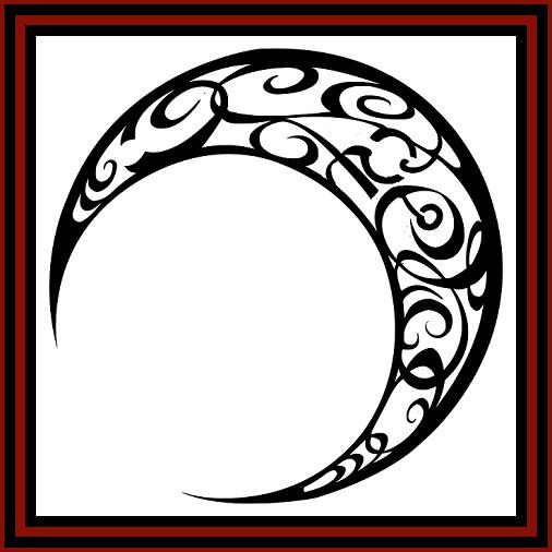 A black and white drawing of a crescent moon with a red frame.