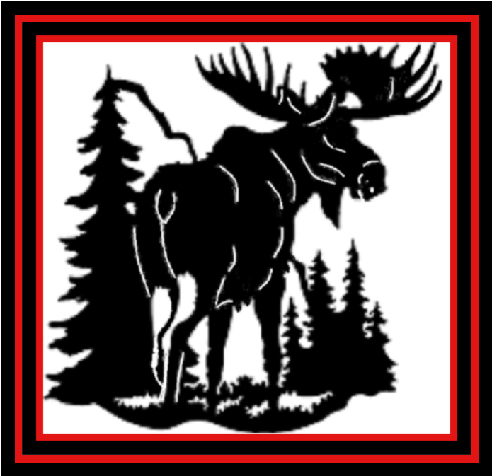 a black and white drawing of a moose with trees in the background