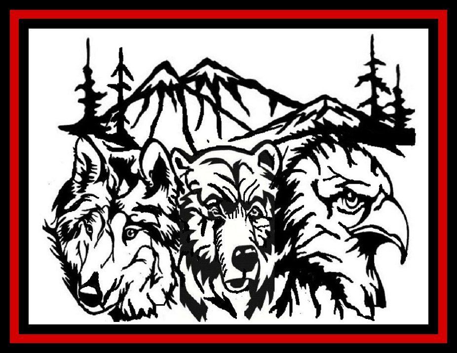 a black and white drawing of a wolf , bear and eagle with mountains in the background .
