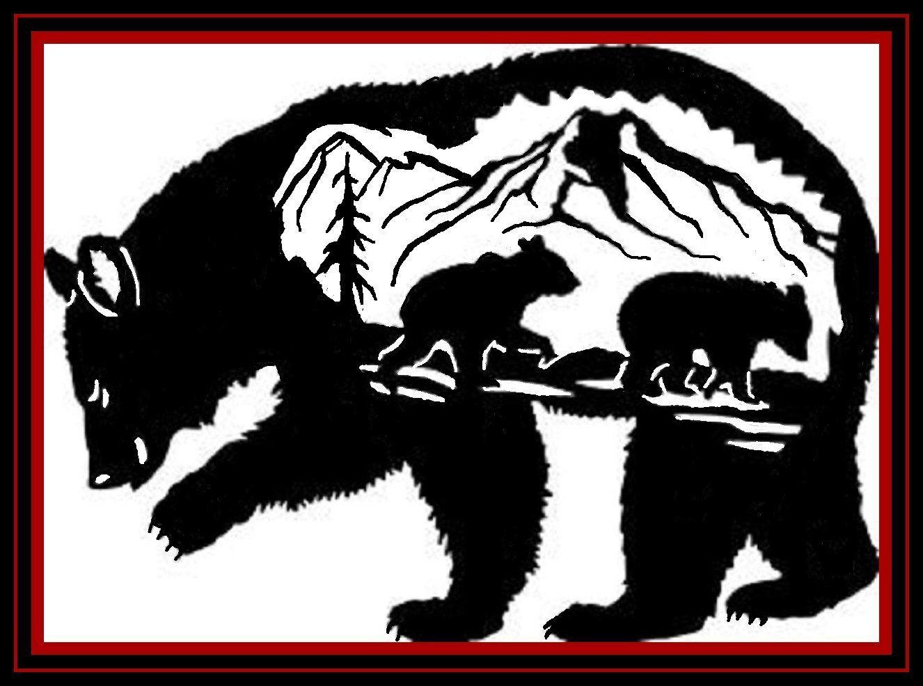 a black and white drawing of a bear with mountains in the background