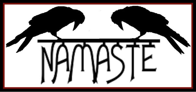 A black and white logo with two birds and the word namaste