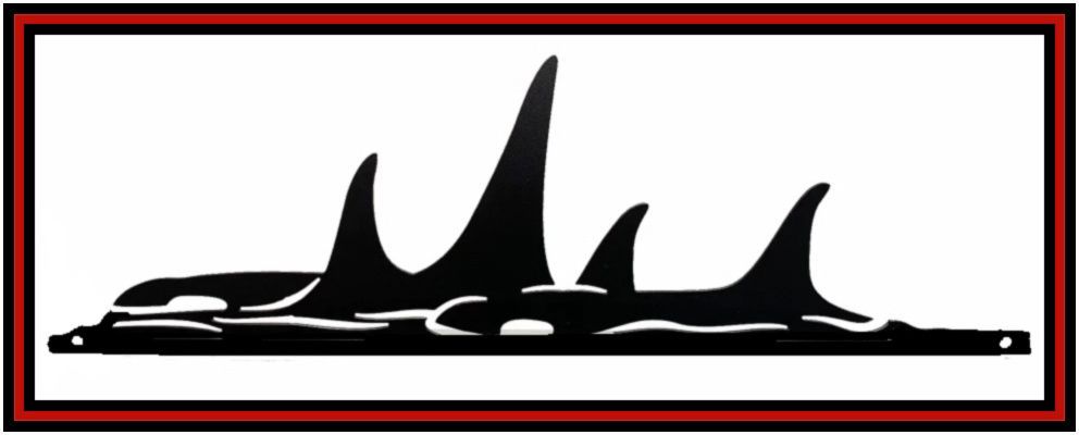 a black and white drawing of an orca whales on a white background with a red frame .