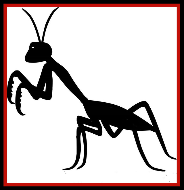 a drawing of a praying mantis on a white background