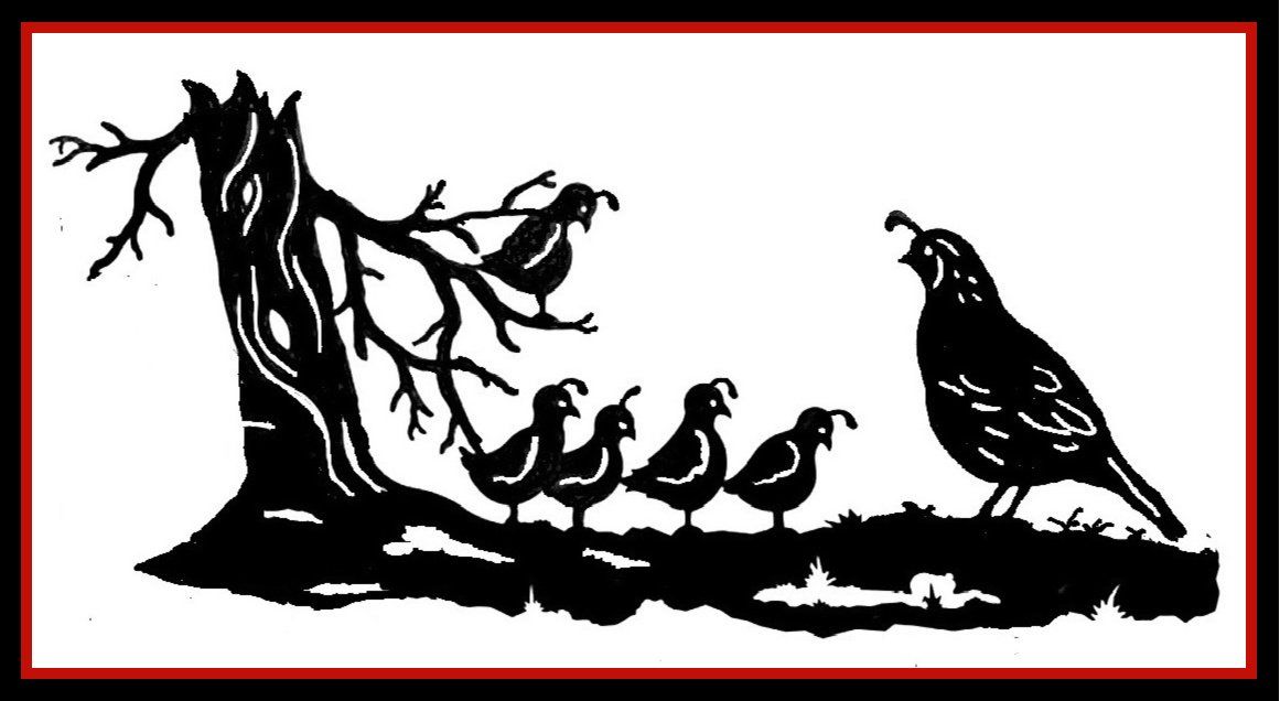 a black and white drawing of quail and a tree